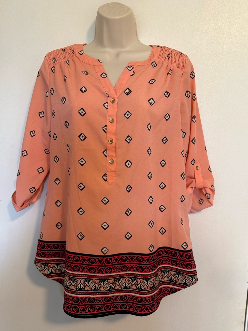 croft & barrow Peach Printed Henley Tunic with Border Print